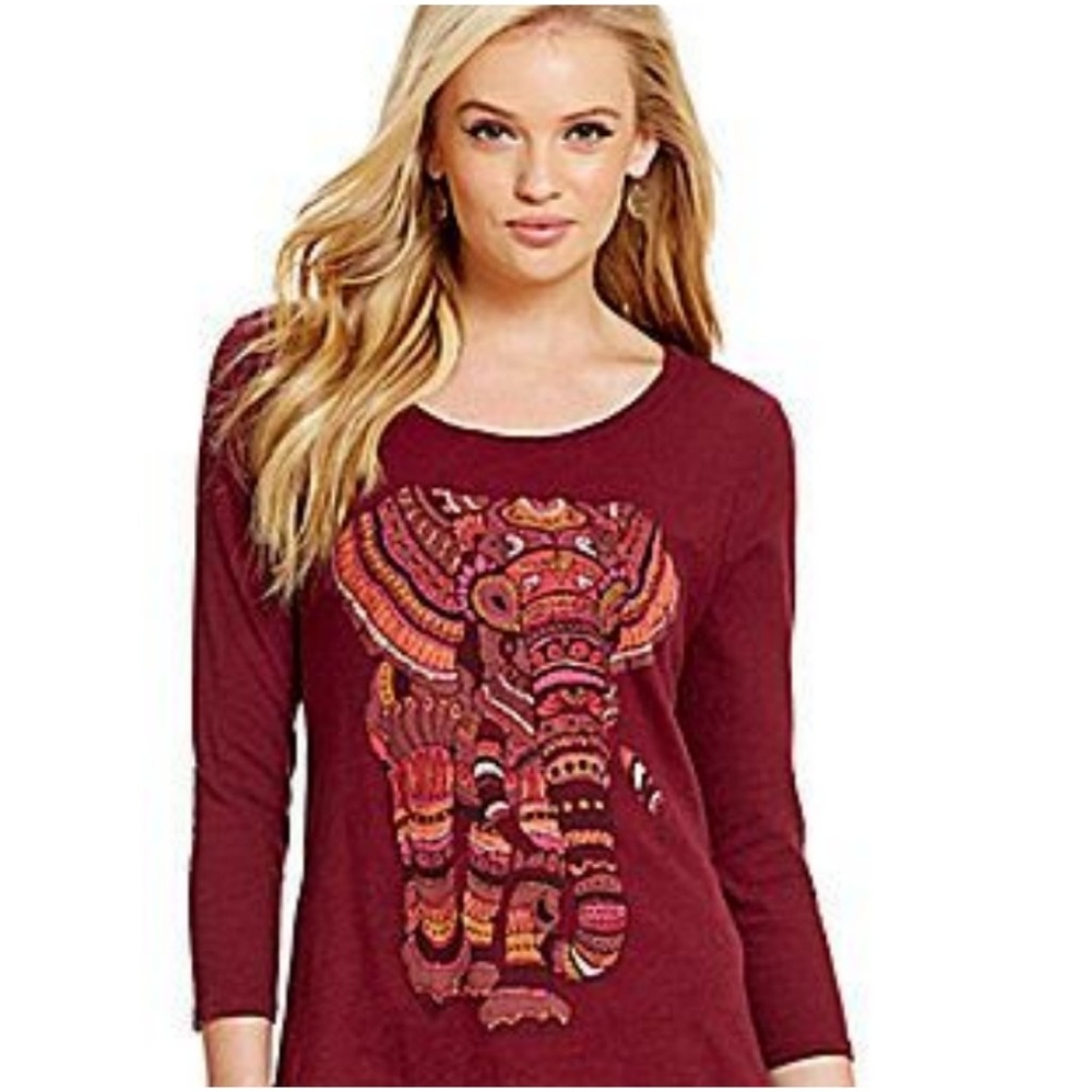 Lucky Brand 3/4 sleeve maroon elephant shirt